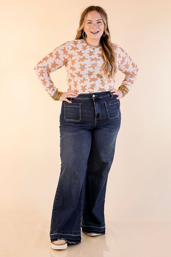 The Perfect Layer Gingerbread Print Mesh Long Sleeve Top in Ivory and Brown