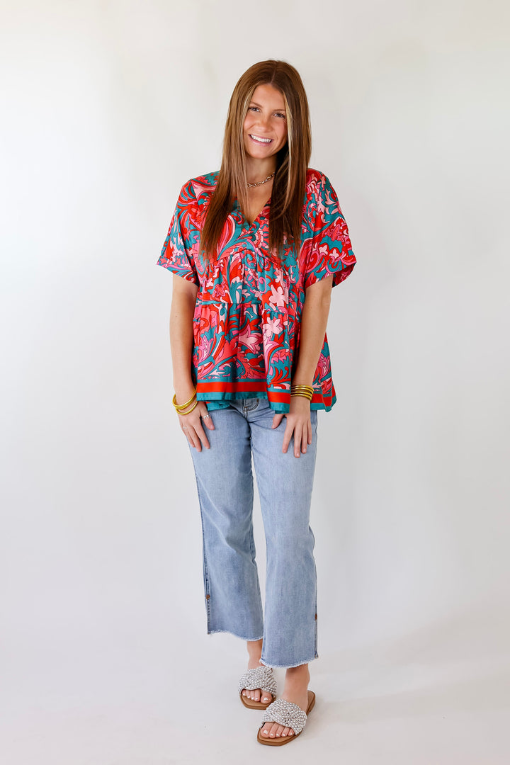 Merlot Meeting Baroque Print V Neck Top in Pink and Teal - Giddy Up Glamour Boutique