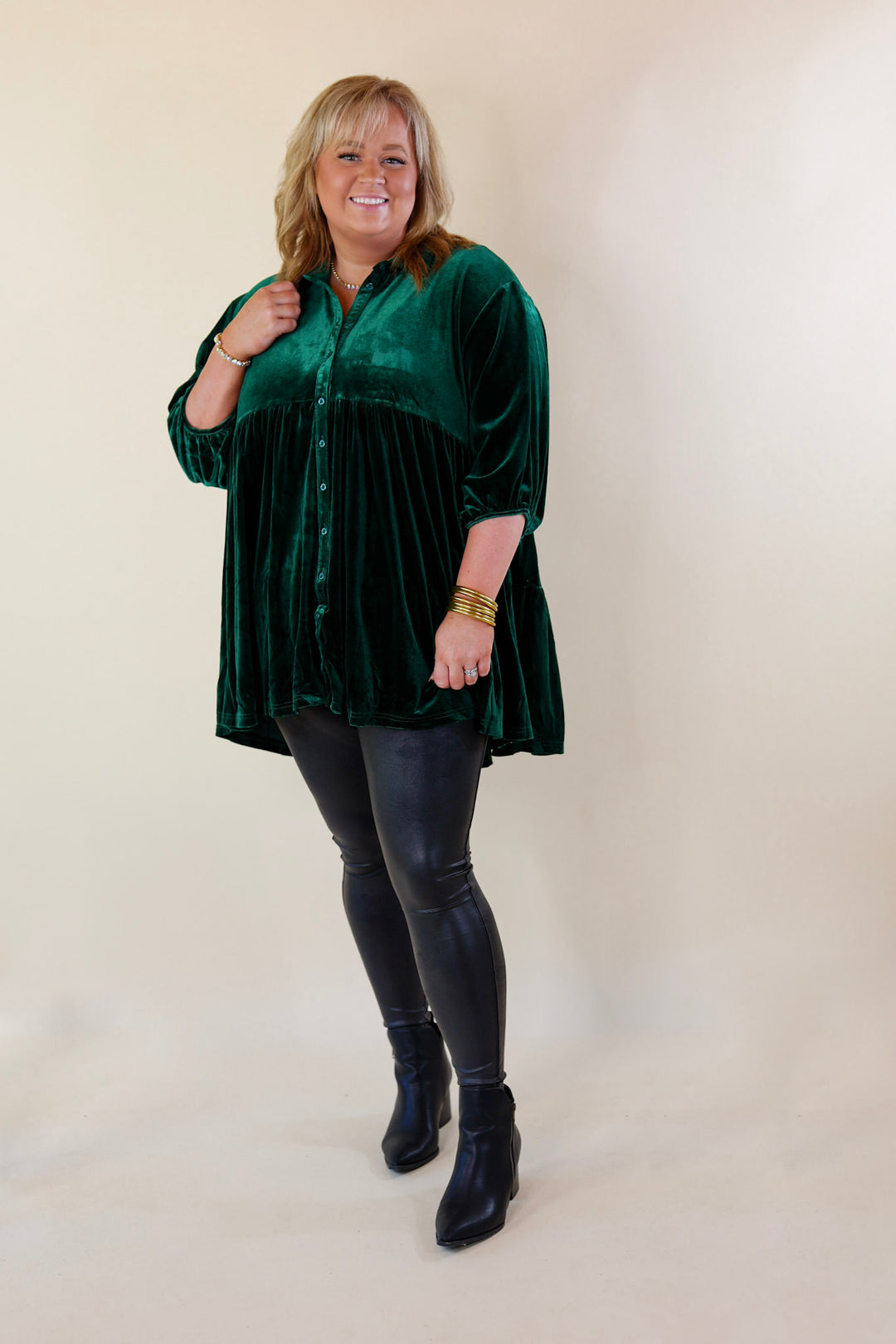 Love Link Button Up Velvet Half Sleeve Babydoll Tunic Top in Emerald Green - Giddy Up Glamour Boutique
