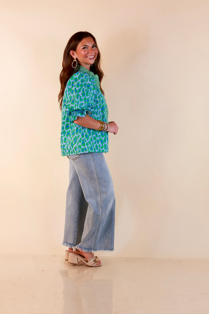 Catch the Compliments Puff Sleeve Ruffle Trim Leopard Print Statement Top in Green and Blue