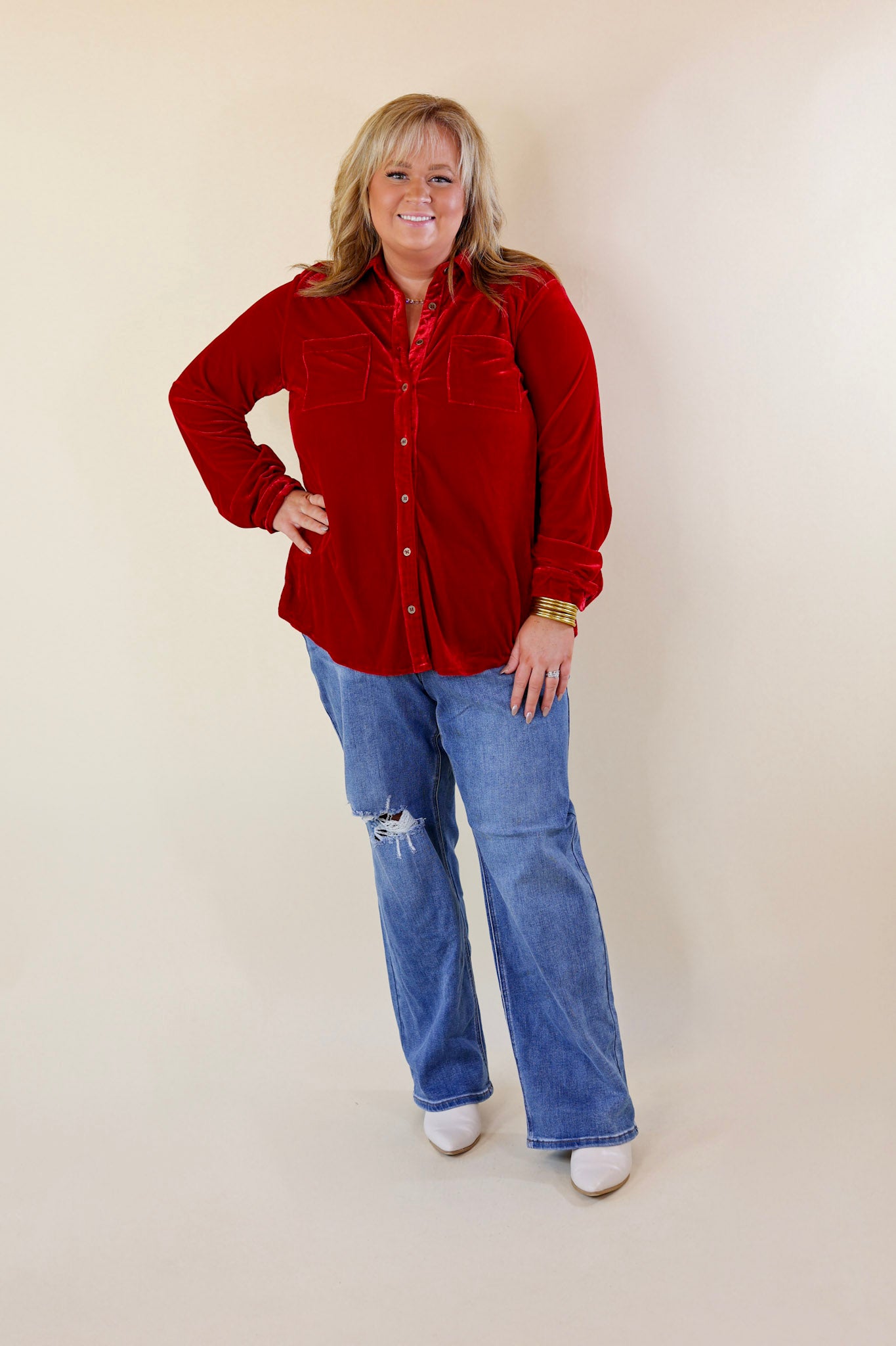 Candy Apple Evening Button Up Velvet Long Sleeve Blouse in Red