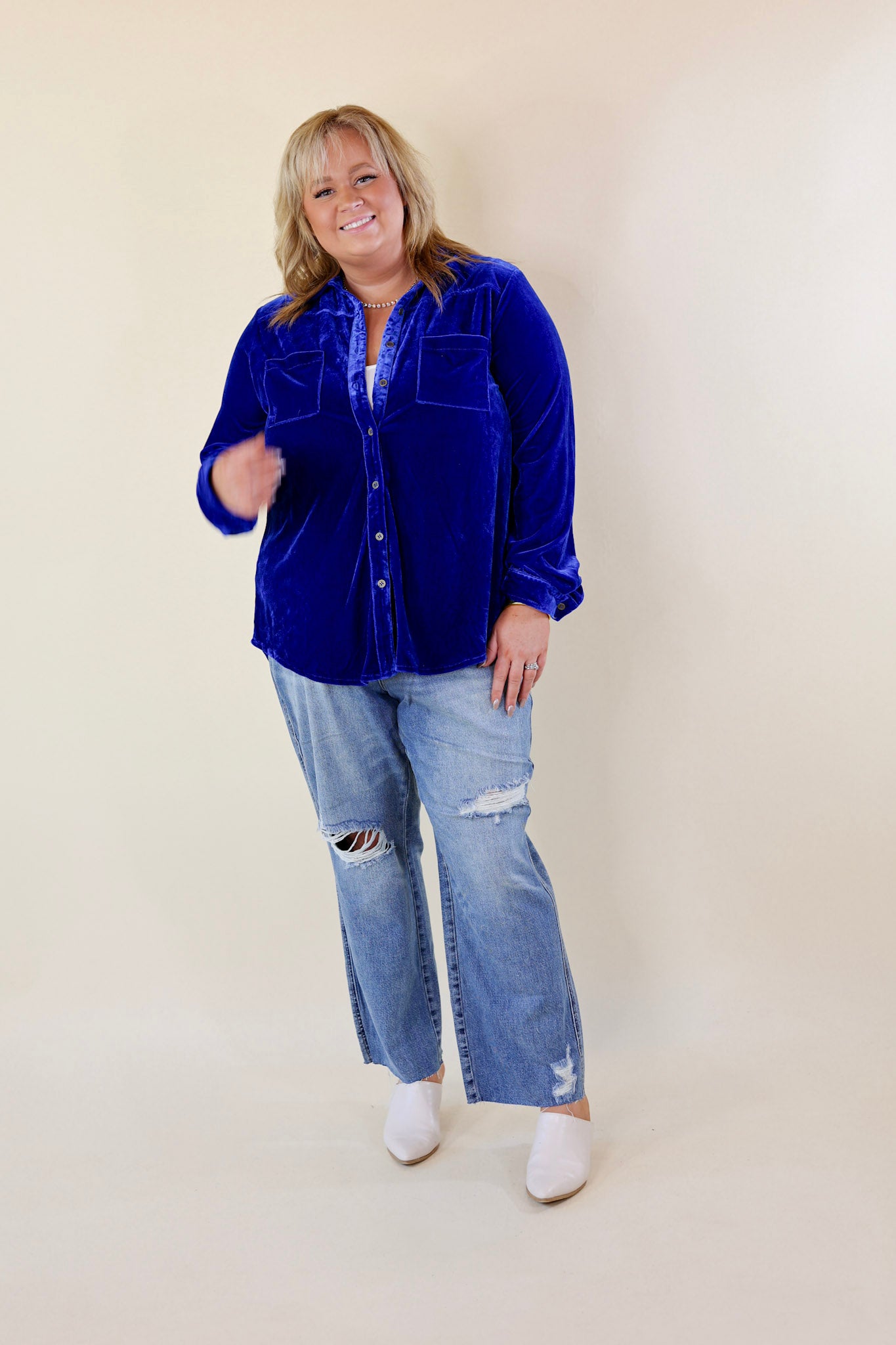 Candy Apple Evening Button Up Velvet Long Sleeve Blouse in Royal Blue - Giddy Up Glamour Boutique