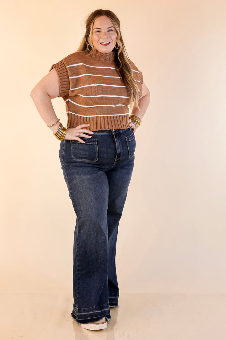 Sweet in Stripes Short Sleeve Striped Mock Neck Sweater in Camel Brown