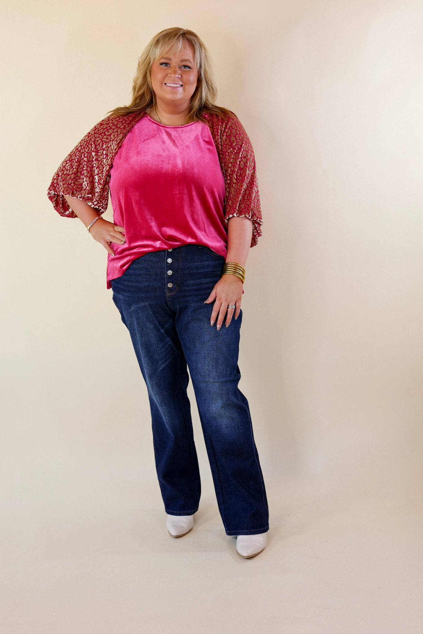 Keeping Warm Button Up Animal Print Velvet Long Sleeve Blouse in Raspberry Red - Giddy Up Glamour Boutique
