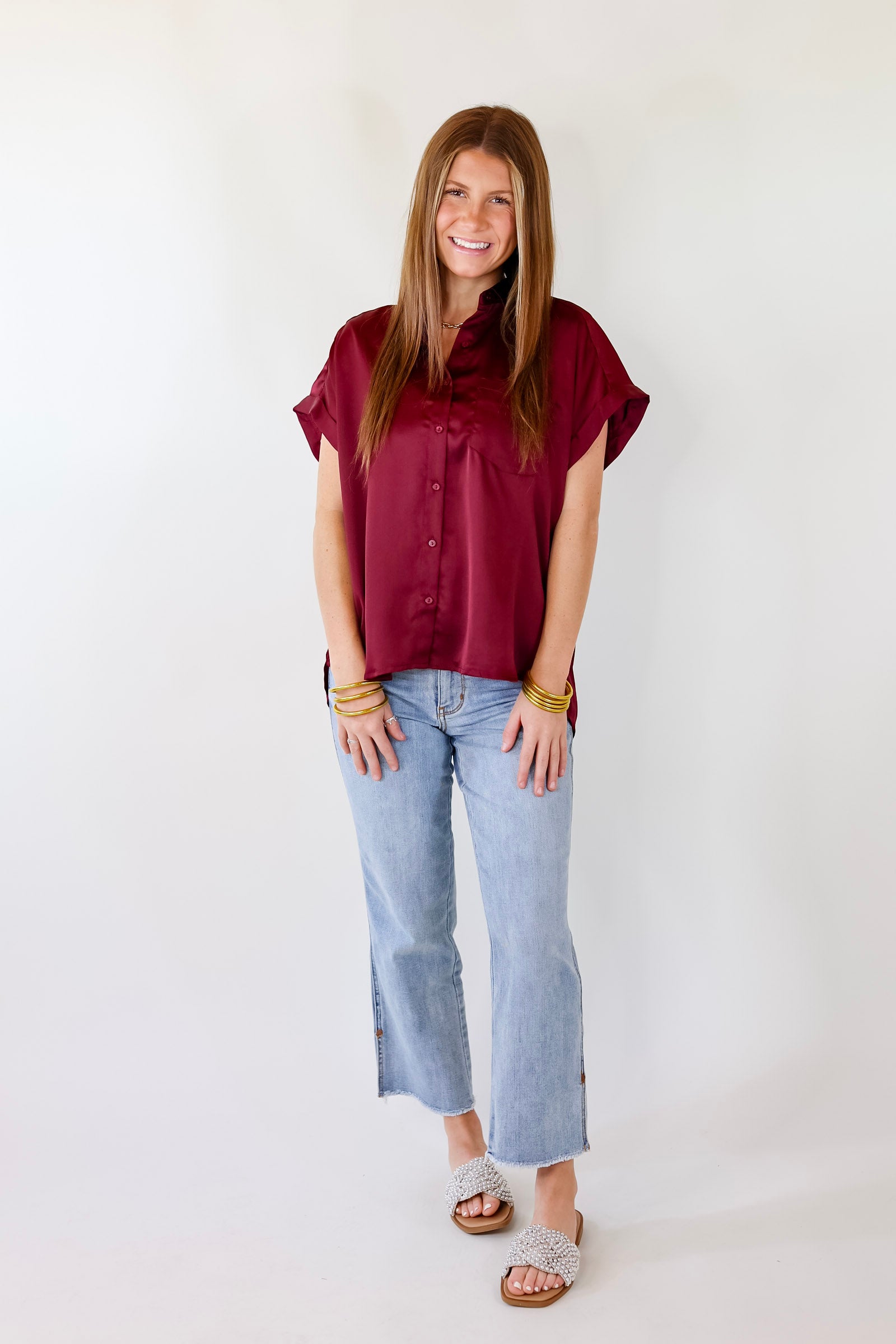 Free To Be Fab Button Up Short Sleeve Top in  Maroon - Giddy Up Glamour Boutique