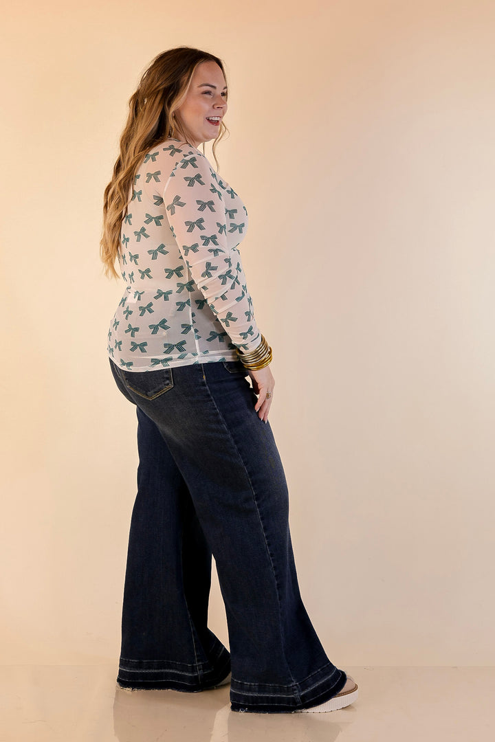 The Perfect Layer Bow Print Mesh Long Sleeve Top in Ivory and Green