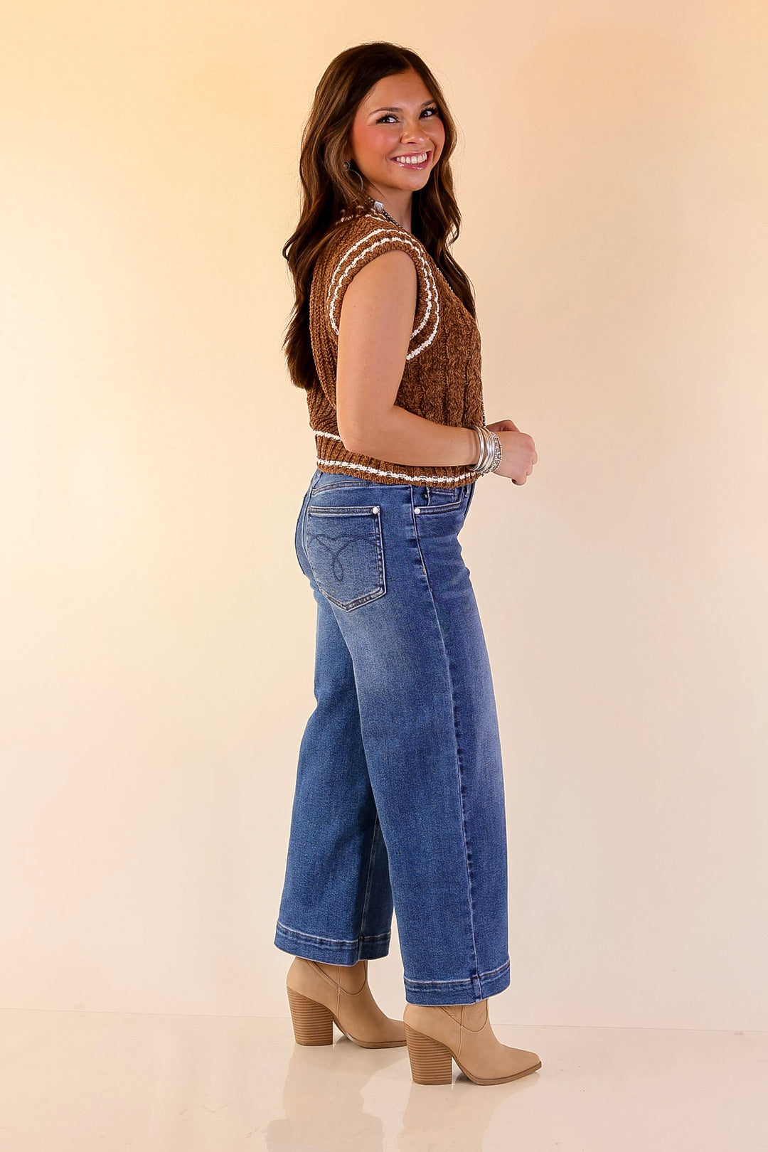 Simply Southern | Bliss Cable Knit Teddy Sweater Vest with V-Neckline and Contrast Trim in Umber Brown