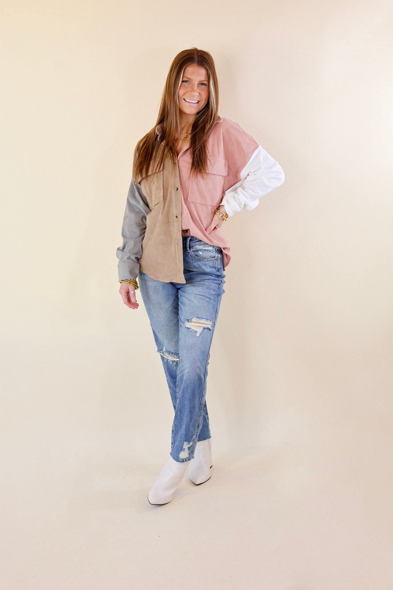 Cozy Perk Button Up Color Block Corduroy Shacket in Blush Pink and Tan - Giddy Up Glamour Boutique