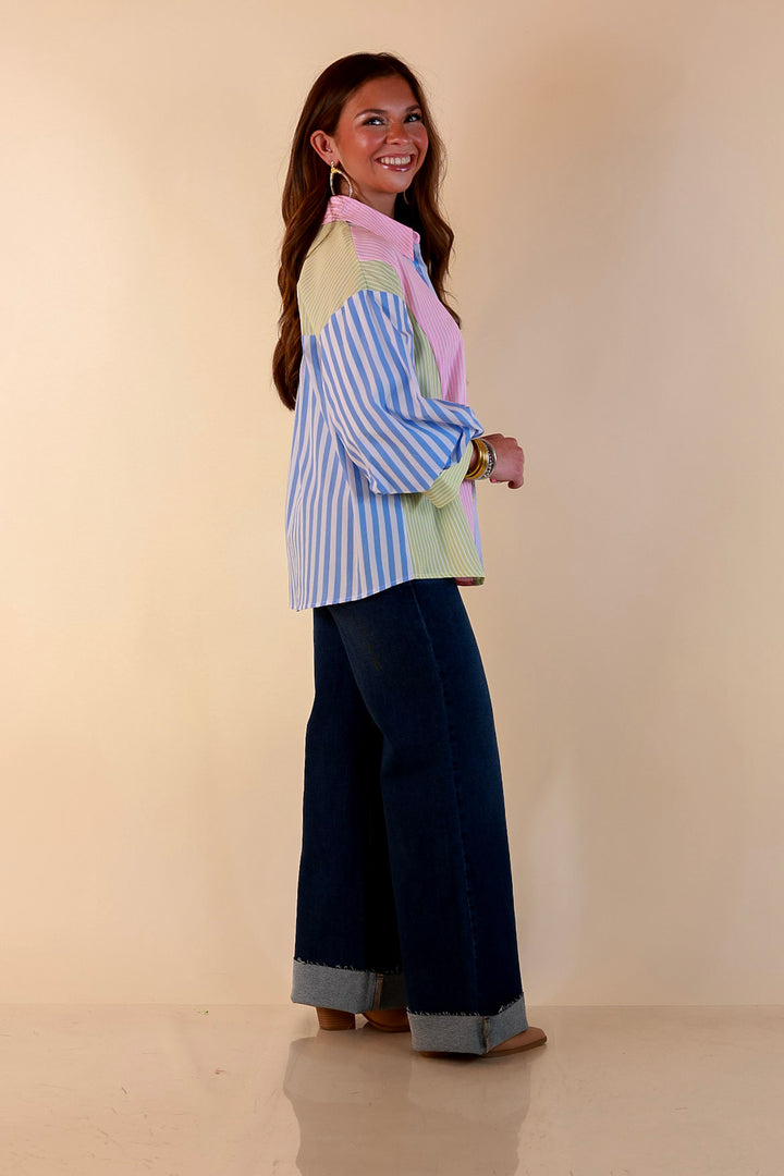 Lovely Impression Colorblock Stripe Button Front Top with Balloon Sleeves in Pink, Blue and Green