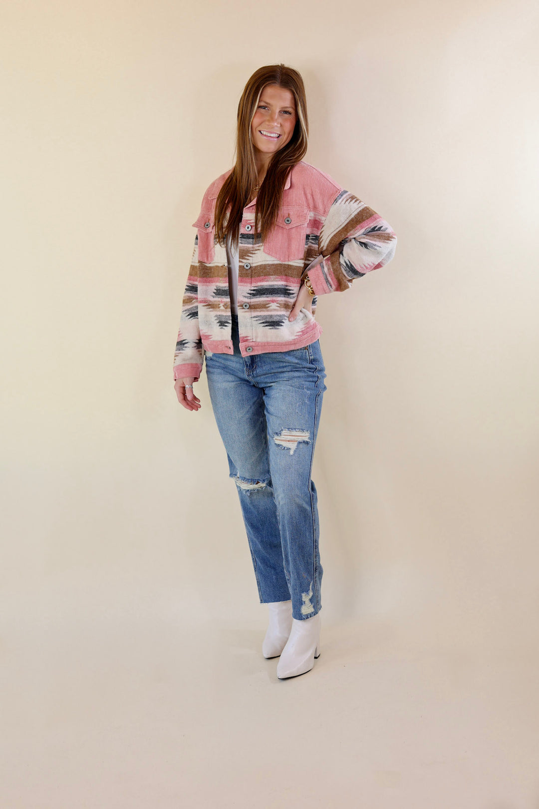 Hard To Forget Aztec Print Button Up Jacket with Corduroy Trim in Pink - Giddy Up Glamour Boutique