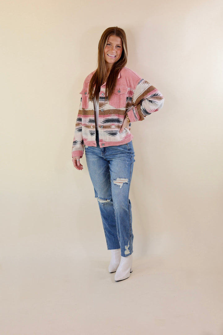 Hard To Forget Aztec Print Button Up Jacket with Corduroy Trim in Pink - Giddy Up Glamour Boutique