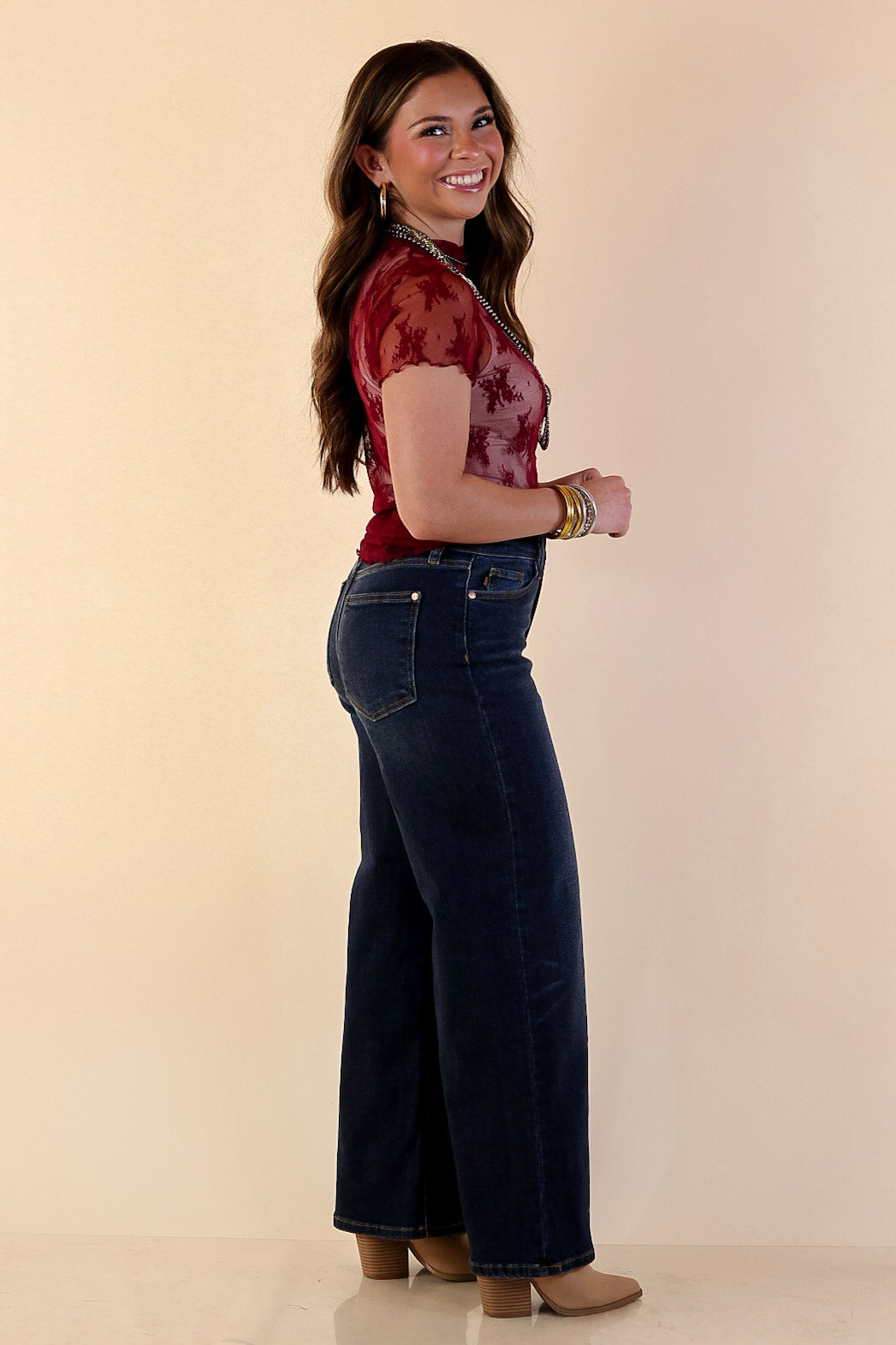 Lovely in Lace Sheer Mock Neck Short Sleeve Top in Maroon