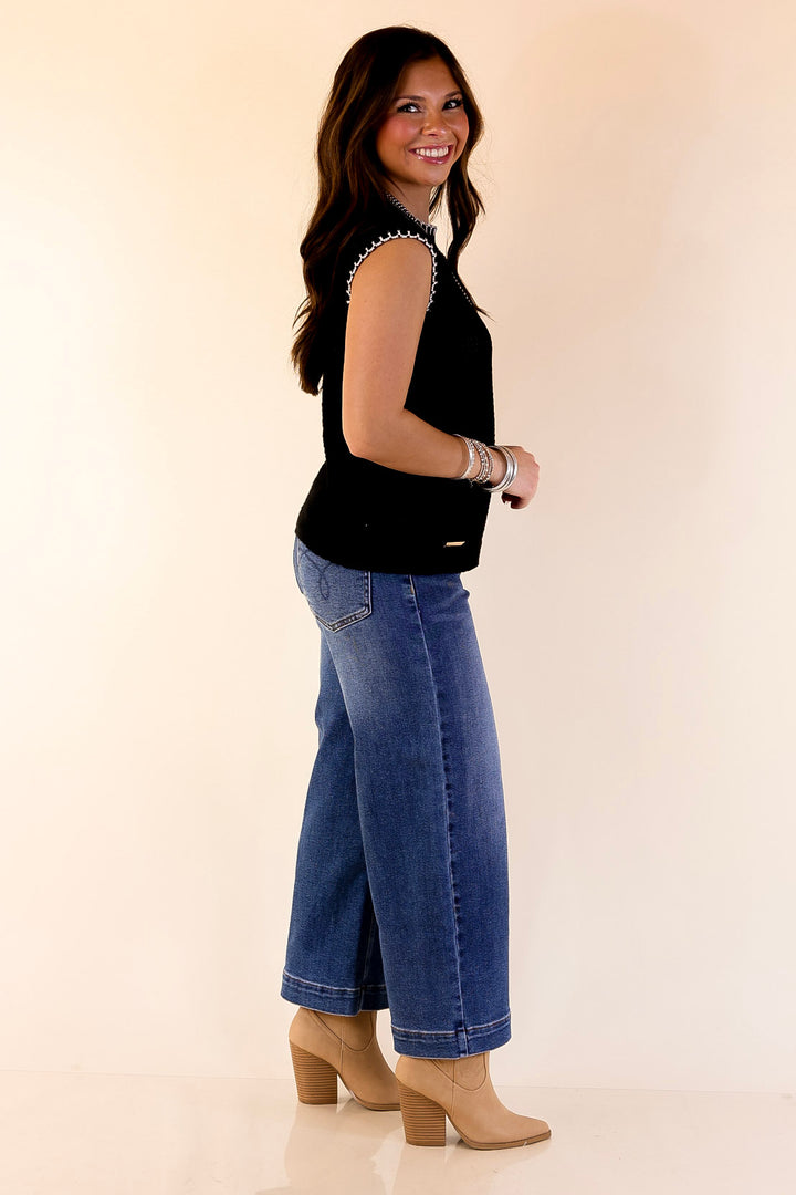 Simply Southern | Olivia Large Knit Sweater Vest with Contrast White Stitching in Black