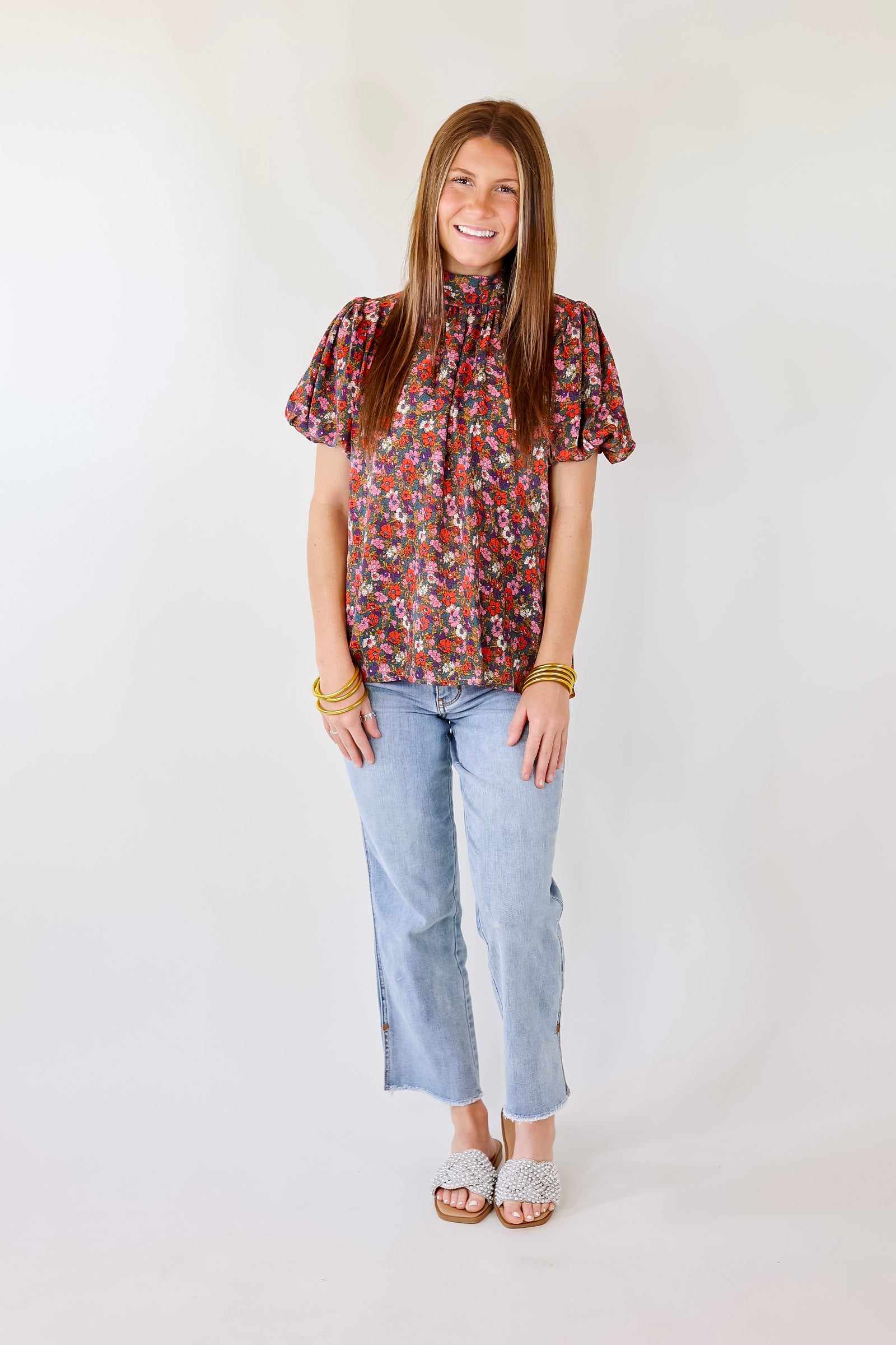 All Day Divine Mock Neck Floral Short Sleeve Top with Tie Back - Giddy Up Glamour Boutique