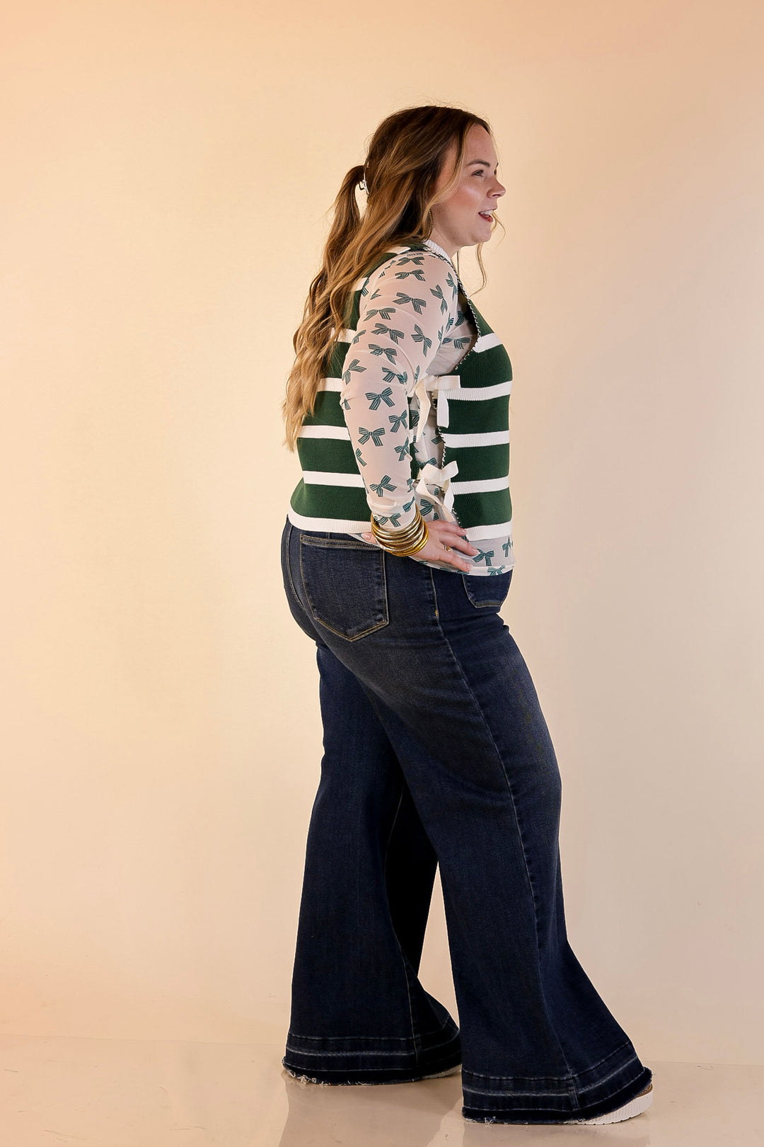 Tied Up in Style Knit Sweater with Side Ties in Forest Green with Off White Stripes