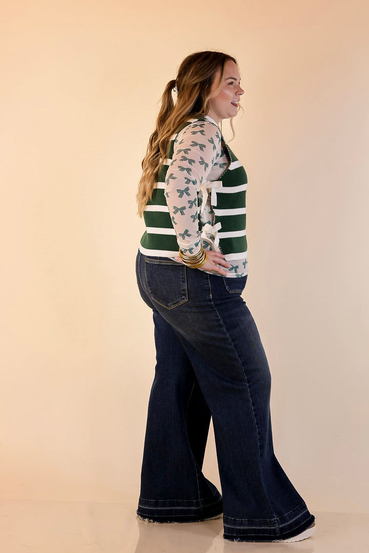 Tied Up in Style Knit Sweater with Side Ties in Forest Green with Off White Stripes