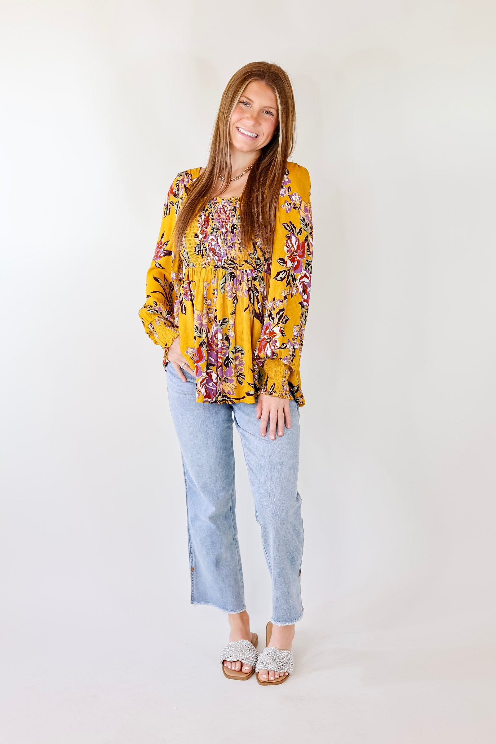 Fairfield Feeling Floral Smocked Babydoll Top with Long Sleeves in Mustard Yellow - Giddy Up Glamour Boutique