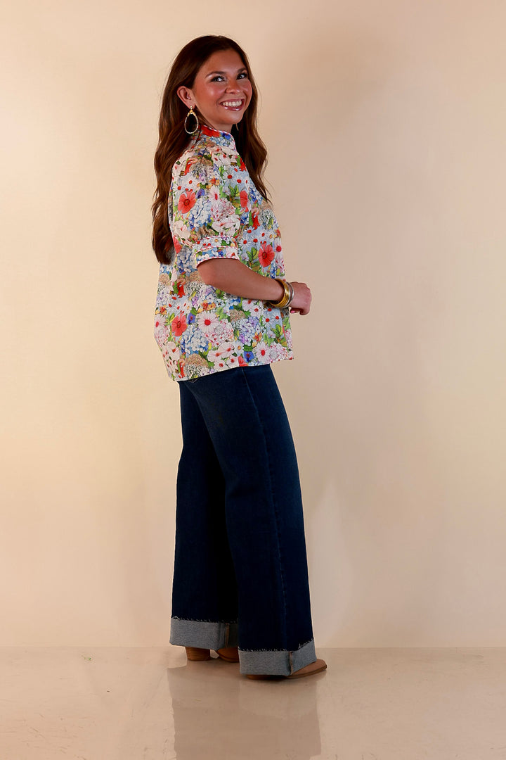 Commanding Style V Neck Floral Print Top with Short Balloon Puff Sleeves in Light Blue