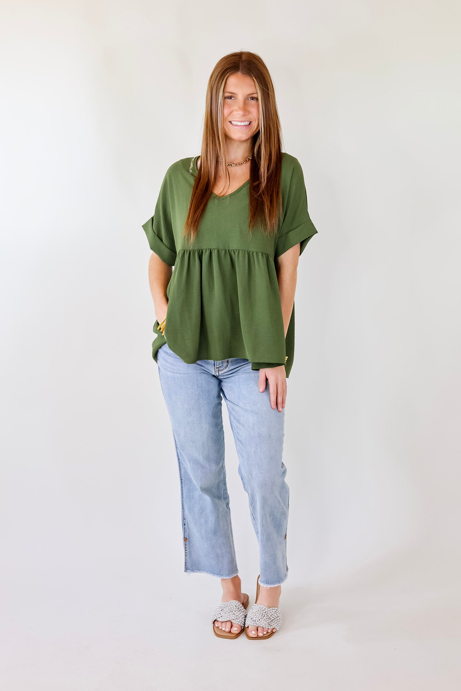 Touring the City Short Sleeve V Neck Babydoll Top in Olive Green - Giddy Up Glamour Boutique
