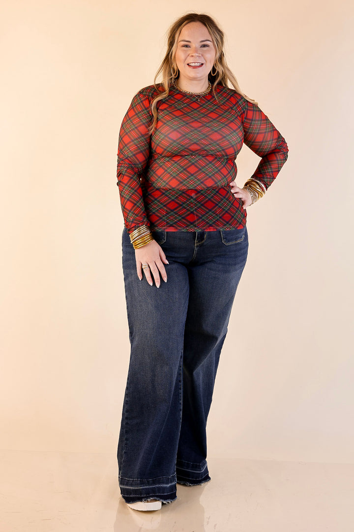The Perfect Layer Tartan Plaid Print Mesh Long Sleeve Top in Red