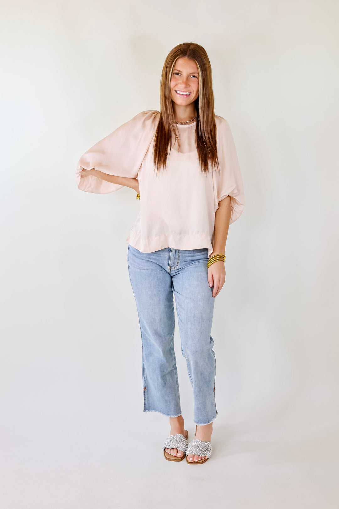 Flash A Smile Half Balloon Sleeve Satin Blouse in Champagne - Giddy Up Glamour Boutique