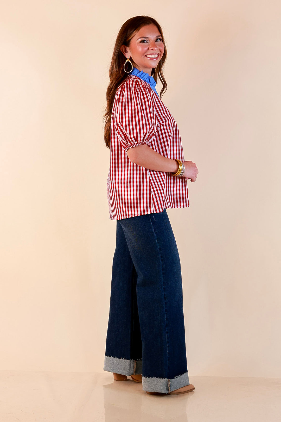 Polished &amp; Playful Short Puff Sleeve Gingham Top with Contrast Blue Trim in Red and White