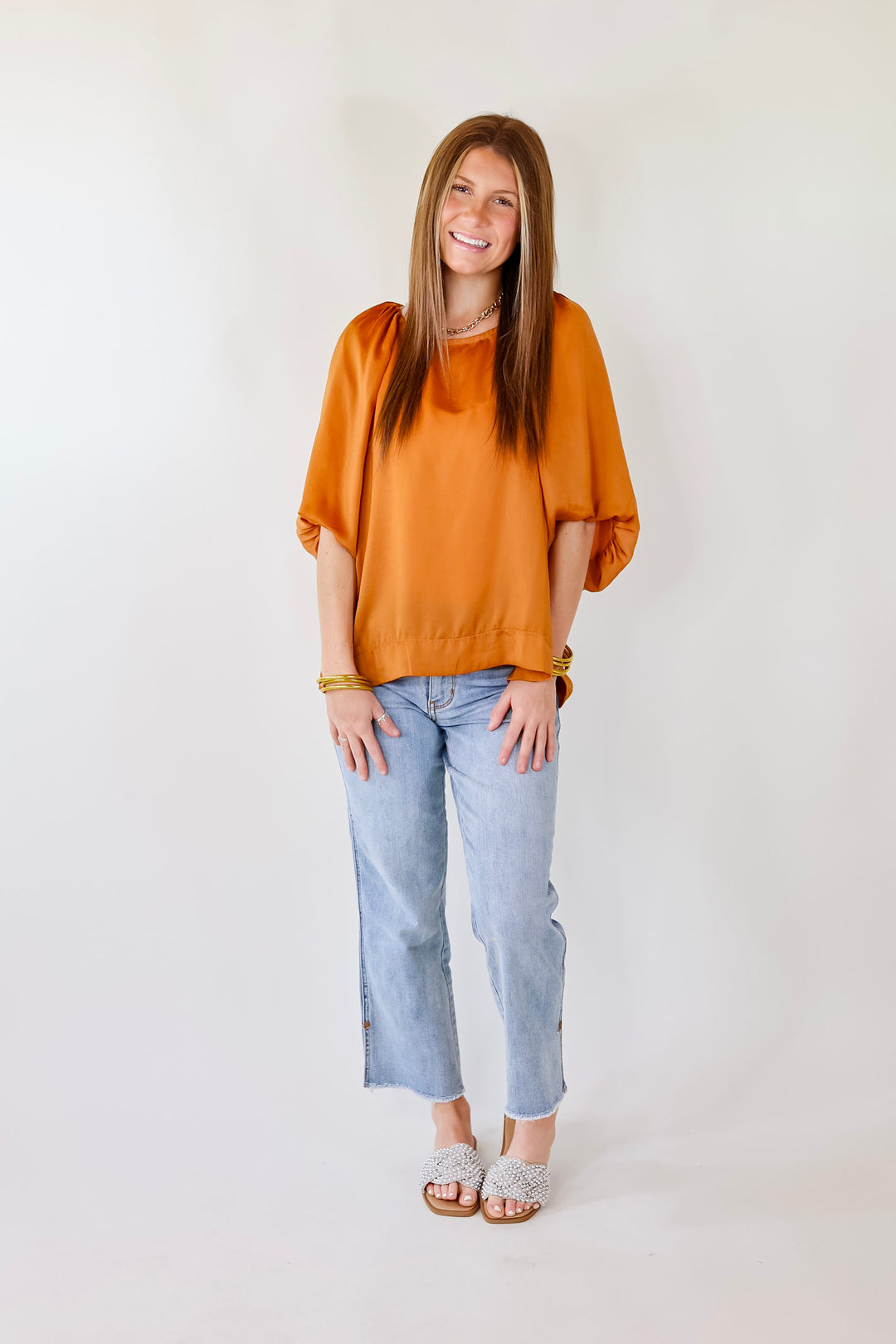 Flash A Smile Half Balloon Sleeve Satin Blouse in Burnt Orange - Giddy Up Glamour Boutique