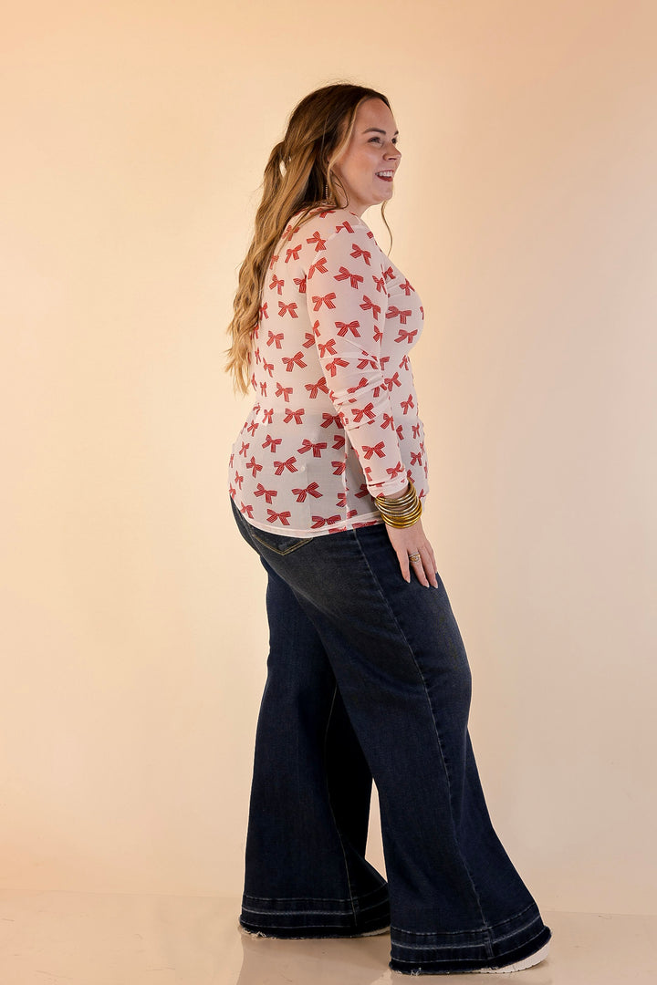 The Perfect Layer Bow Print Mesh Long Sleeve Top in Ivory and Red
