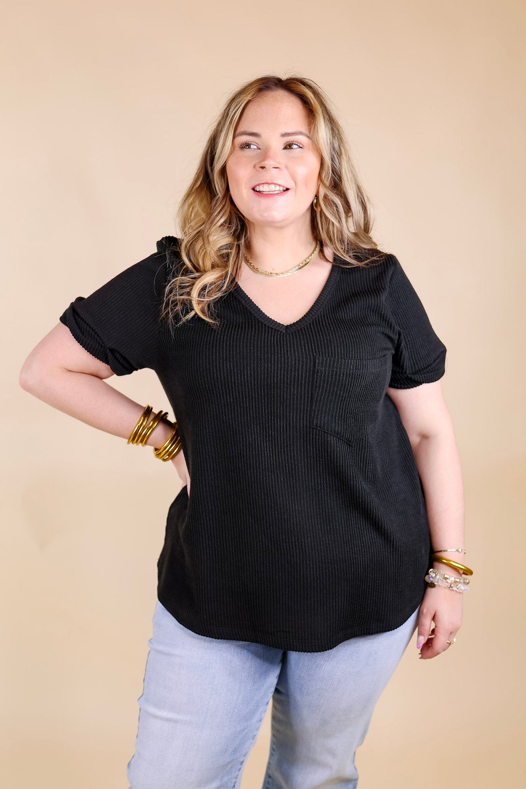 Only True Love Ribbed Short Sleeve Top with Front Pocket in Black - Giddy Up Glamour Boutique