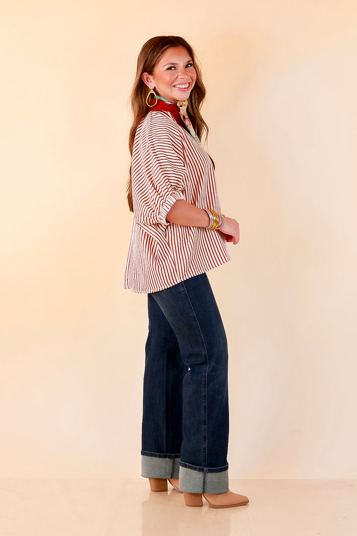 Naturally Stylish Stripe Top with Contrast Stripe Trim and Short Dolman Sleeves in Brick Red