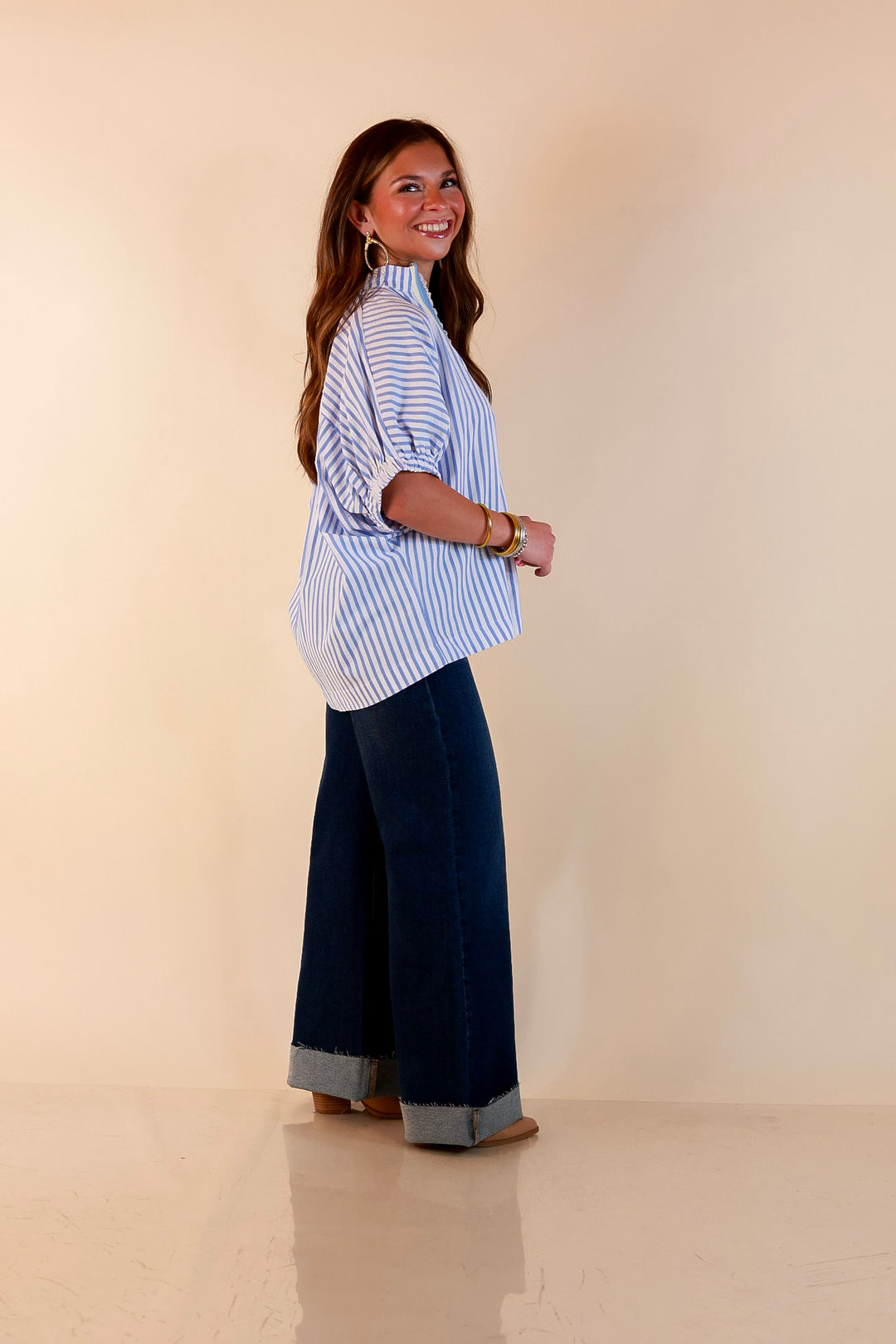 Naturally Stylish Striped Poncho Top with Lace Trim Details and Dolman Sleeves in Baby Blue