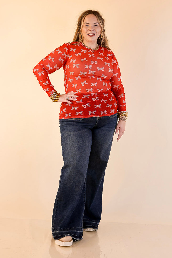 The Perfect Layer Bow Print Mesh Long Sleeve Top in Red and Ivory