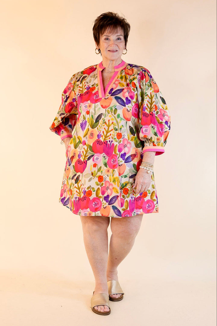 Pocketful of Petals V Neck Floral Print Dress with 3/4 Sleeves