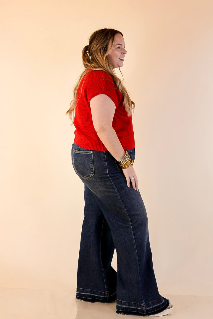 Repeat Worthy Cap Sleeve Cropped Sweater with Front Pocket in Red