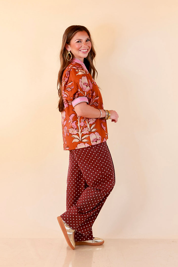 Pop of Polish Short Puff Sleeve Button Front Floral Top with Contrast Trim in Rust Orange and Pink