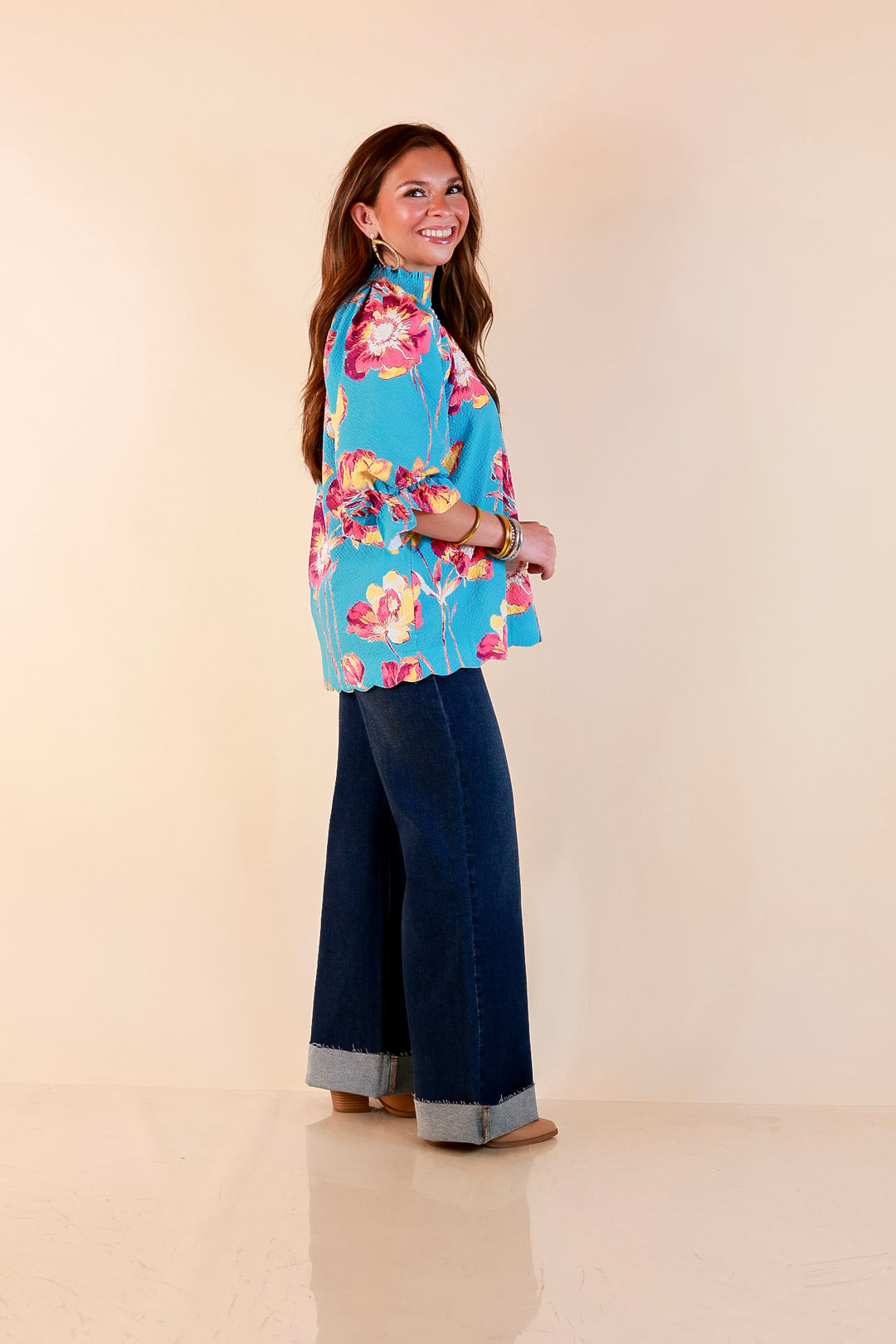 Petal Perfect Floral Print Textured Puff Sleeve Top with Ruffle Split Neckline in Aqua Mix