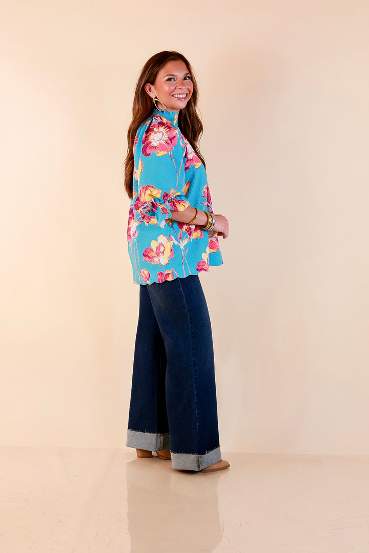 Petal Perfect Floral Print Textured Puff Sleeve Top with Ruffle Split Neckline in Aqua Mix