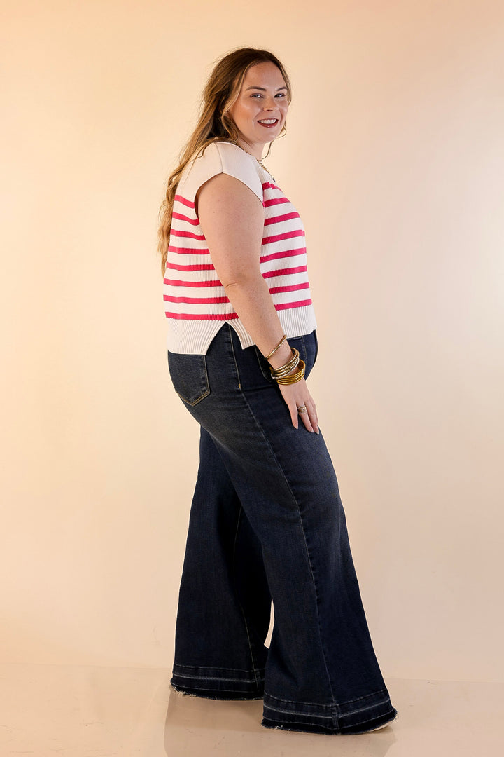 Stripe Things Up Drop Shoulder Knit Sweater in White with Hot Pink Stripes