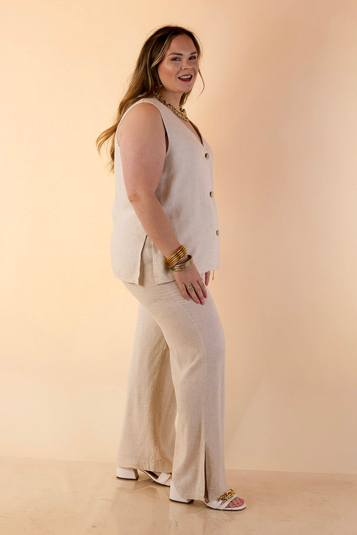 Styled in Comfort Linen Wide Leg Drawstring Pants in Oatmeal Beige
