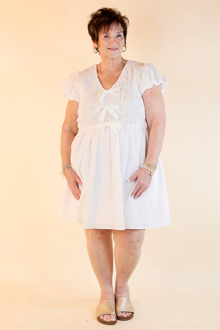 Last Chance Size Small | Darling Charm Cap Sleeve Dress with Bows in Off White