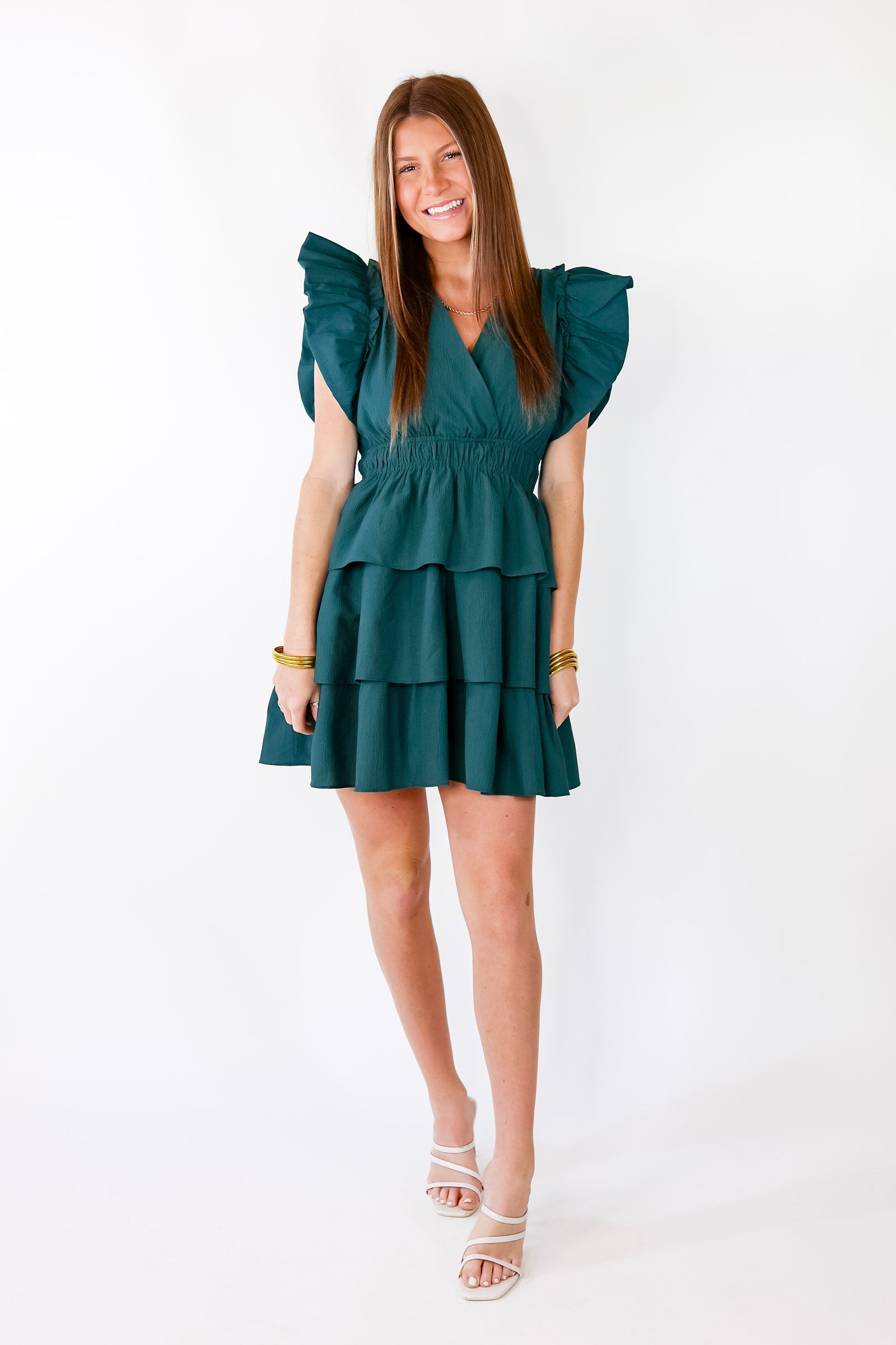 The Perfect Night Ruffle Cap Sleeve Dress in Dark Teal - Giddy Up Glamour Boutique