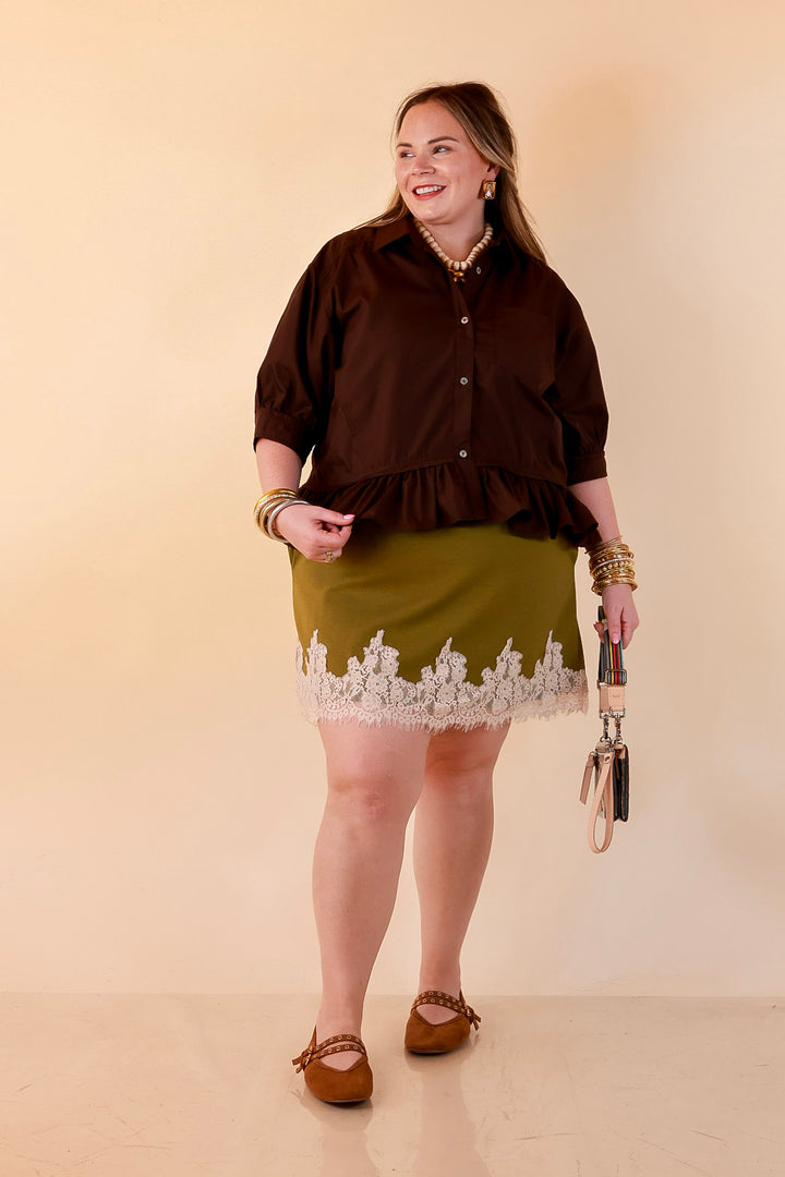 Style Agenda Solid Button Down Peplum Top in Deep Chocolate Brown