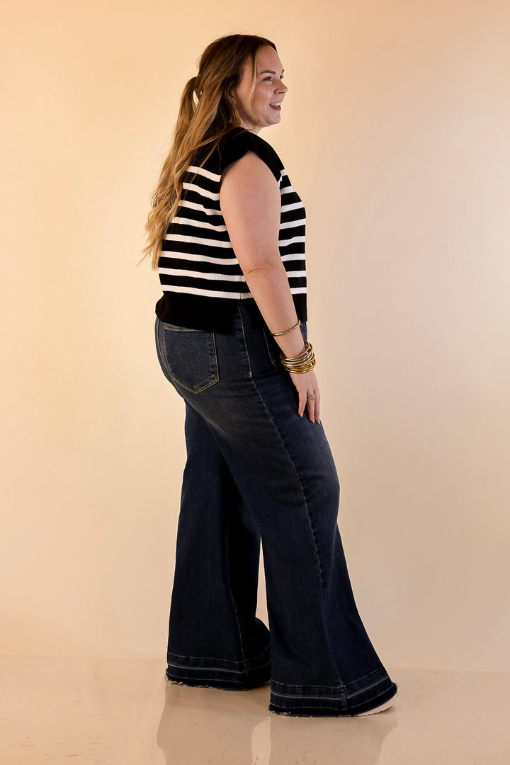 Stripe Things Up Drop Shoulder Knit Sweater in Black with Ivory Stripes