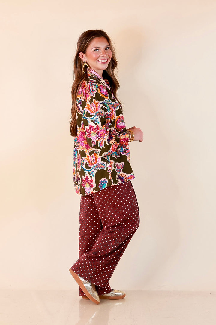 Petal Pop Floral Print Ruffle Front Button Up Long Sleeve Top with Balloon Sleeves in Olive Green