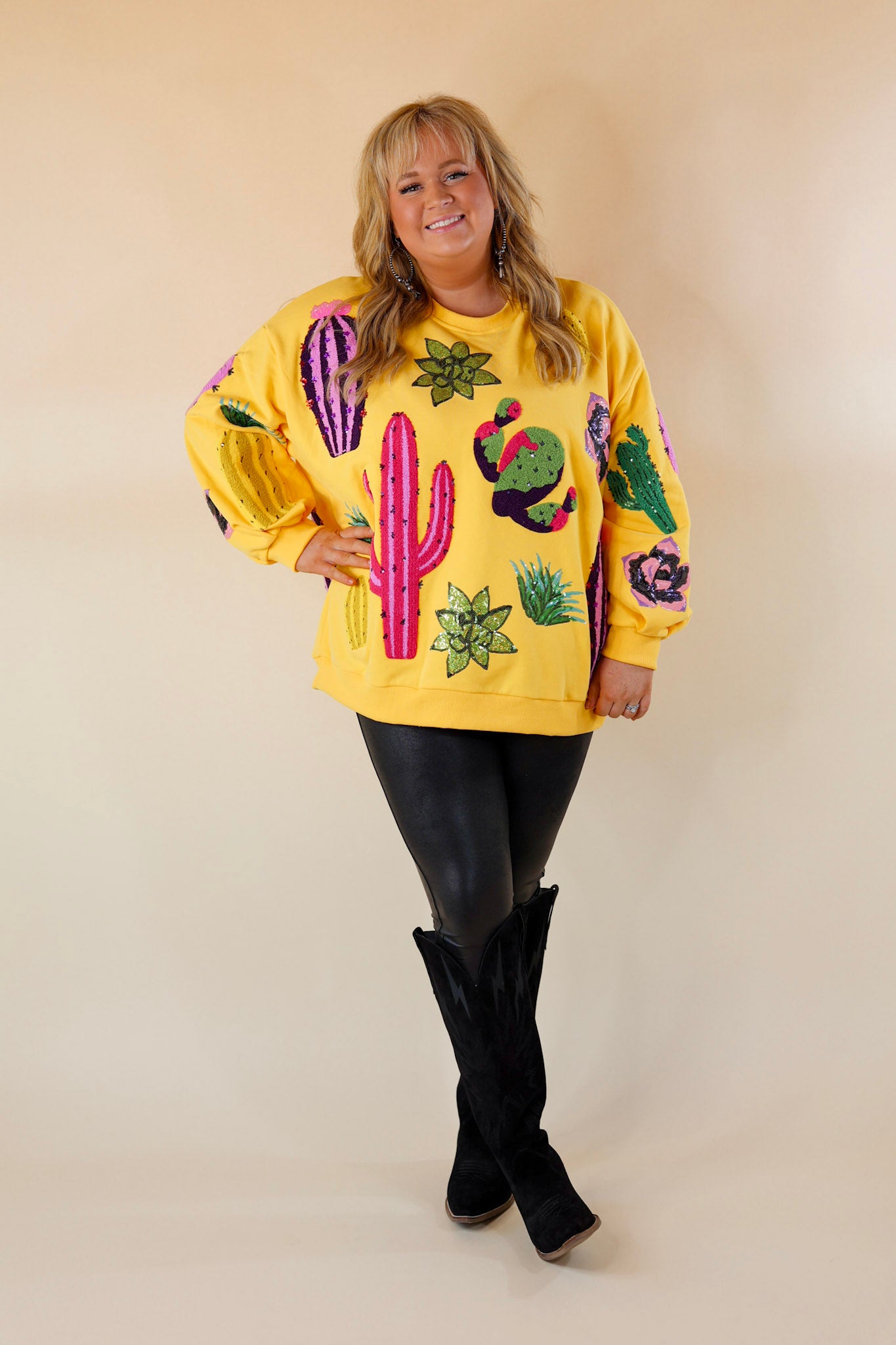 Queen Of Sparkles | Cactus Long Sleeve Graphic Sweatshirt in Yellow - Giddy Up Glamour Boutique