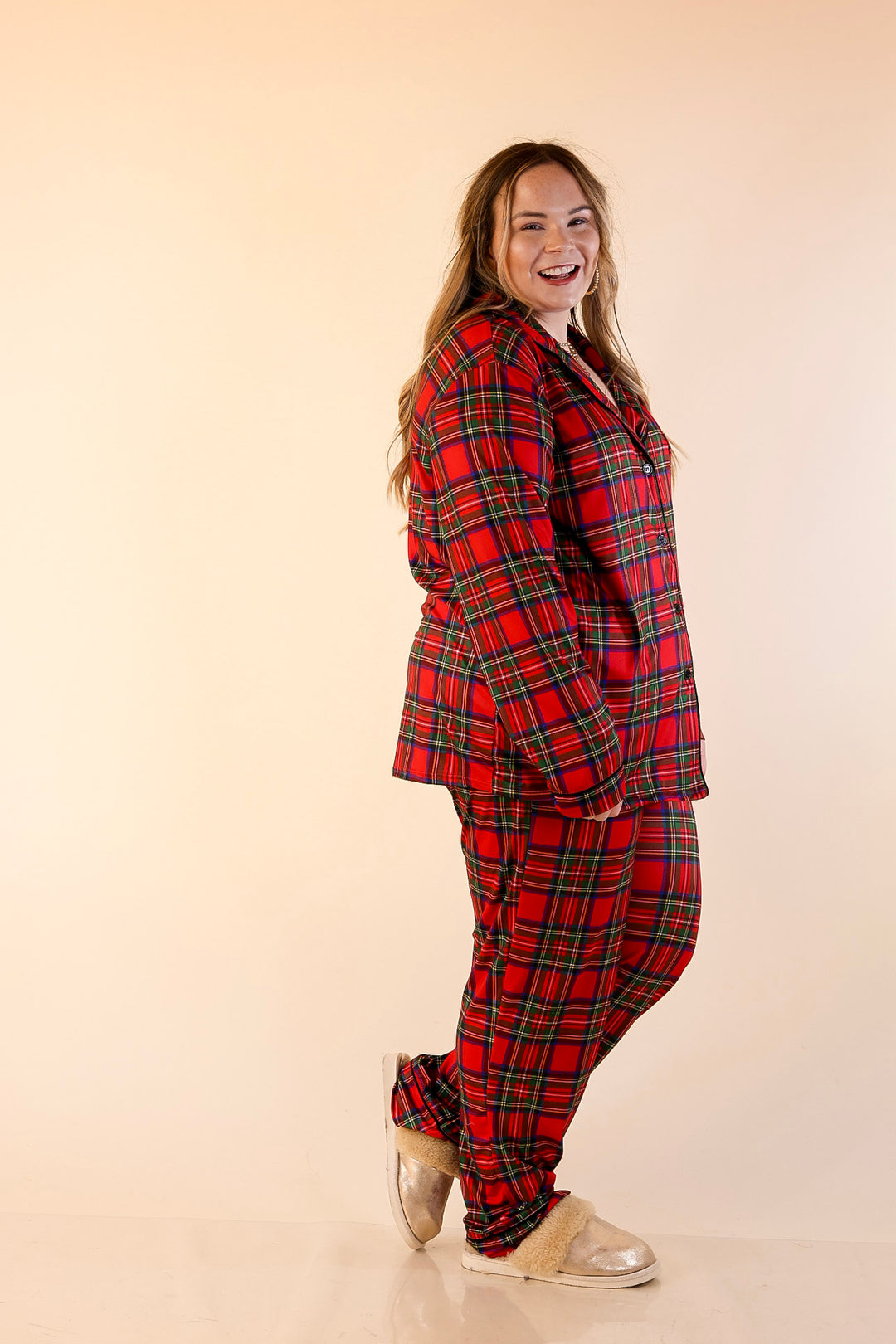 Holiday at Home Tartan Plaid Matching PJ Set with Black Trim in Red Plaid