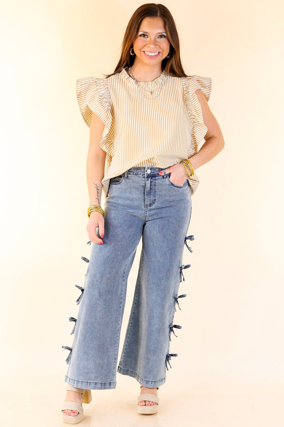 On A Break Ruffle Cap Sleeve Pin Stripe Top in Mustard Yellow and Ivory