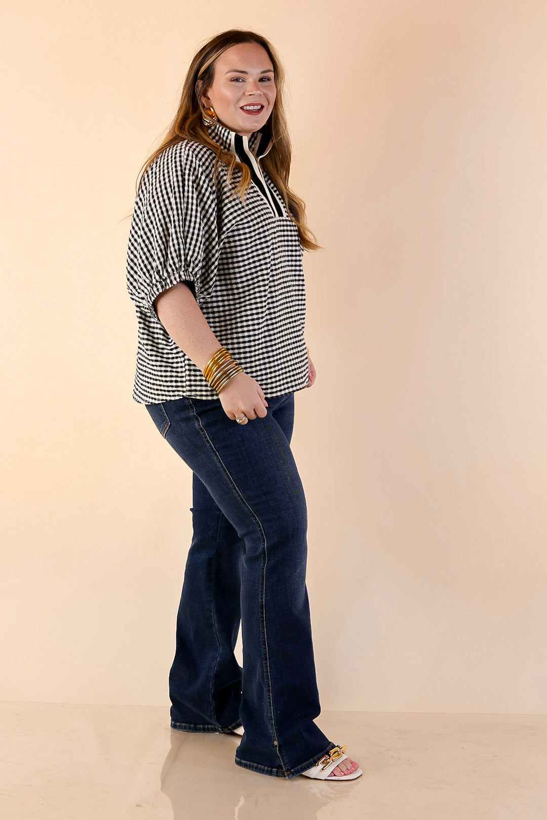Naturally Stylish Gingham Plaid Top with Contrast Stripe Trim and Short Dolman Sleeves in Black
