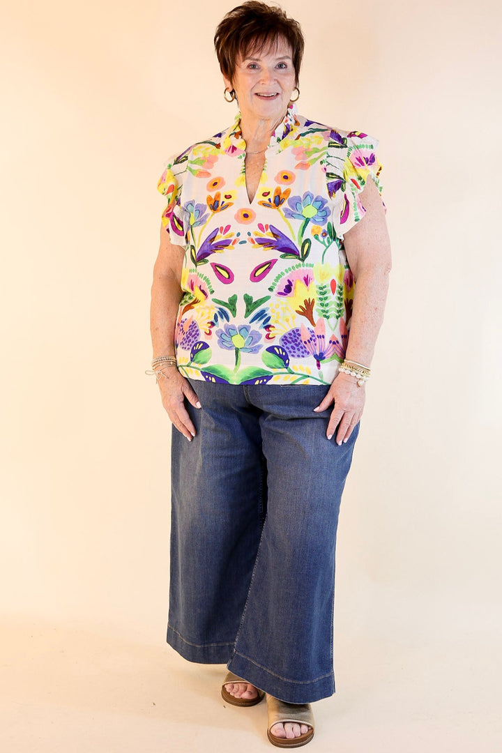 Island Escape Floral Print Top with Ruffle Cap Sleeves and Notched Neckline in Green Mix