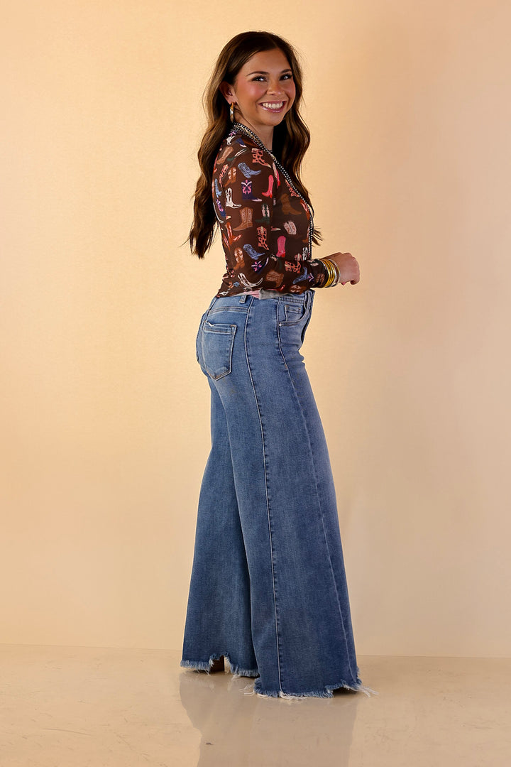 The Perfect Layer Western Boot Print Mesh Long Sleeve Top in Brown